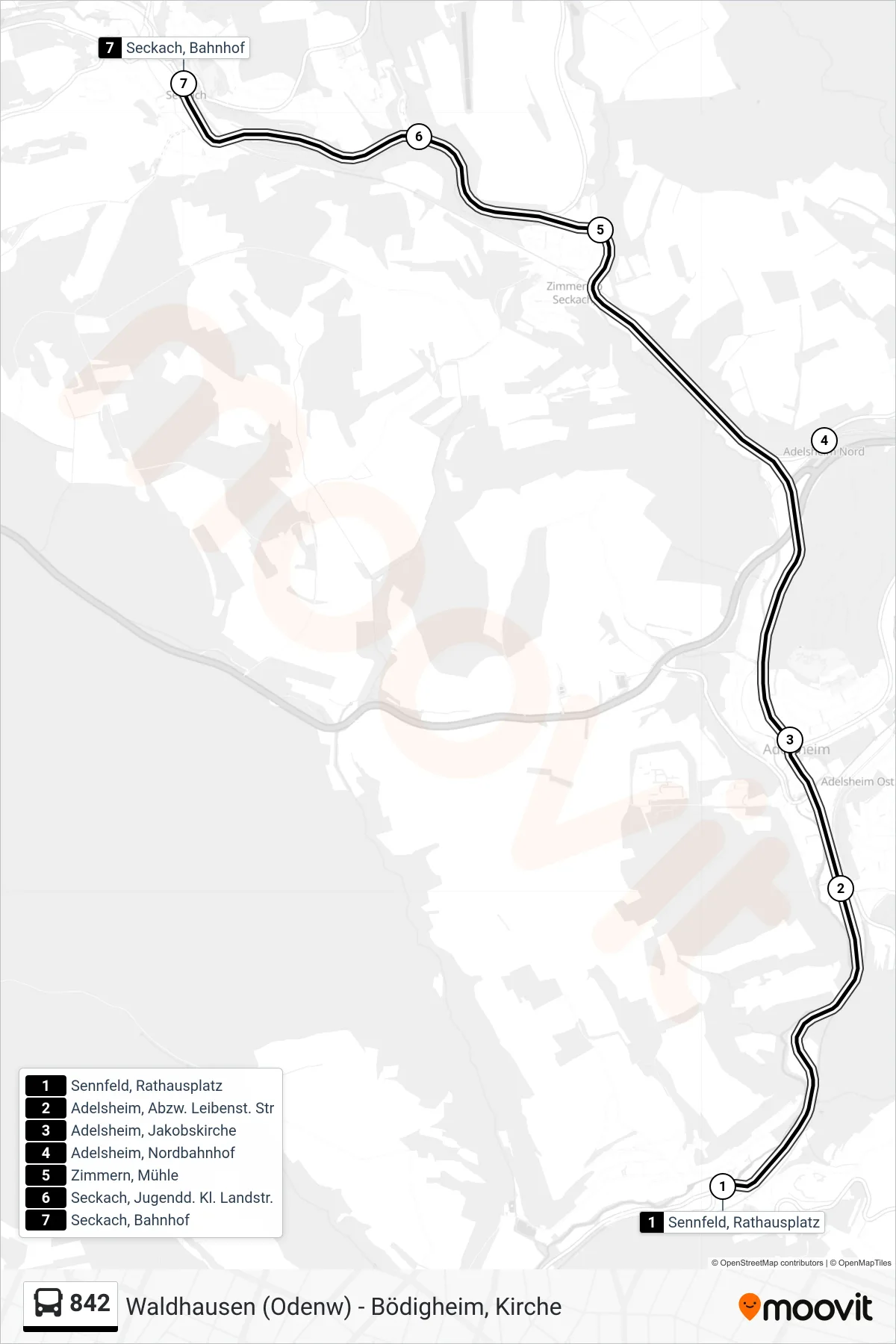 842 bus Line (Seckach, Bahnhof) route and stops on a map