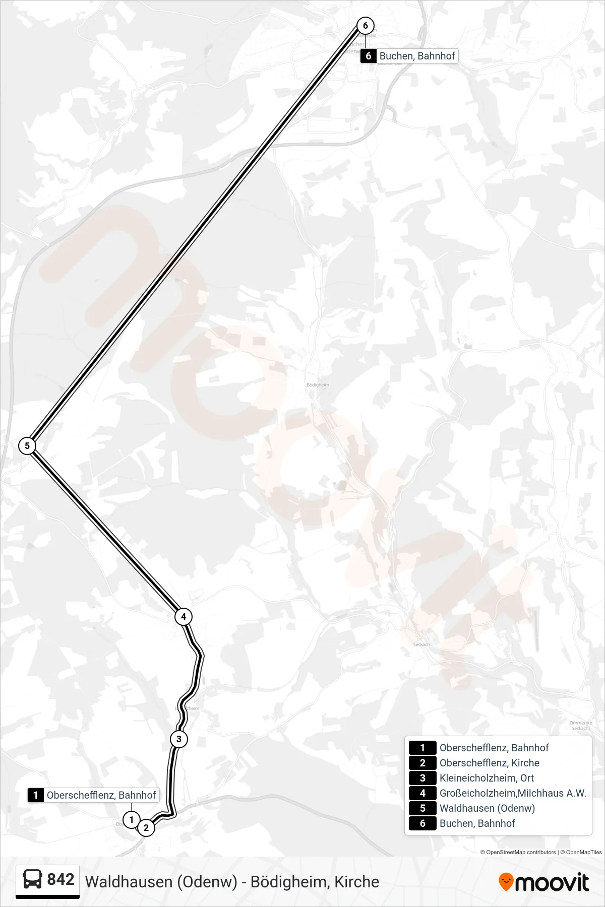 842 bus Line (Buchen, Bahnhof) route and stops on a map