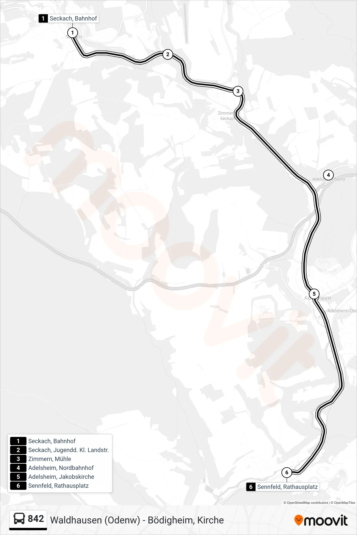Linie 842 (Bus) Richtung Sennfeld, Rathausplatz: Route und Haltestellen auf der Karte