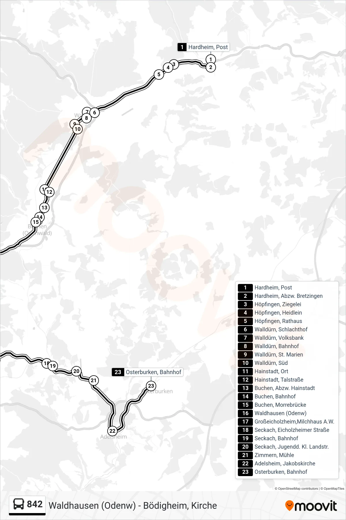 Linie 842 (Bus) Richtung Osterburken, Bahnhof: Route und Haltestellen auf der Karte