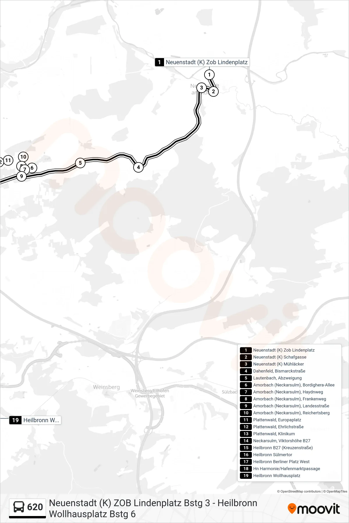 Linie 620 (Bus) Richtung Heilbronn Wollhausplatz: Route und Haltestellen auf der Karte