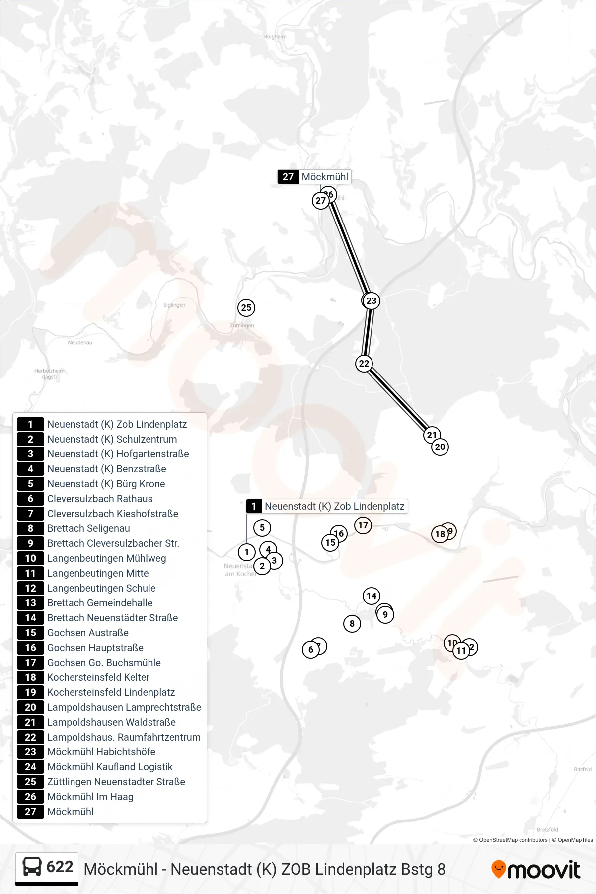 Linie 622 (Bus) Richtung Möckmühl: Route und Haltestellen auf der Karte