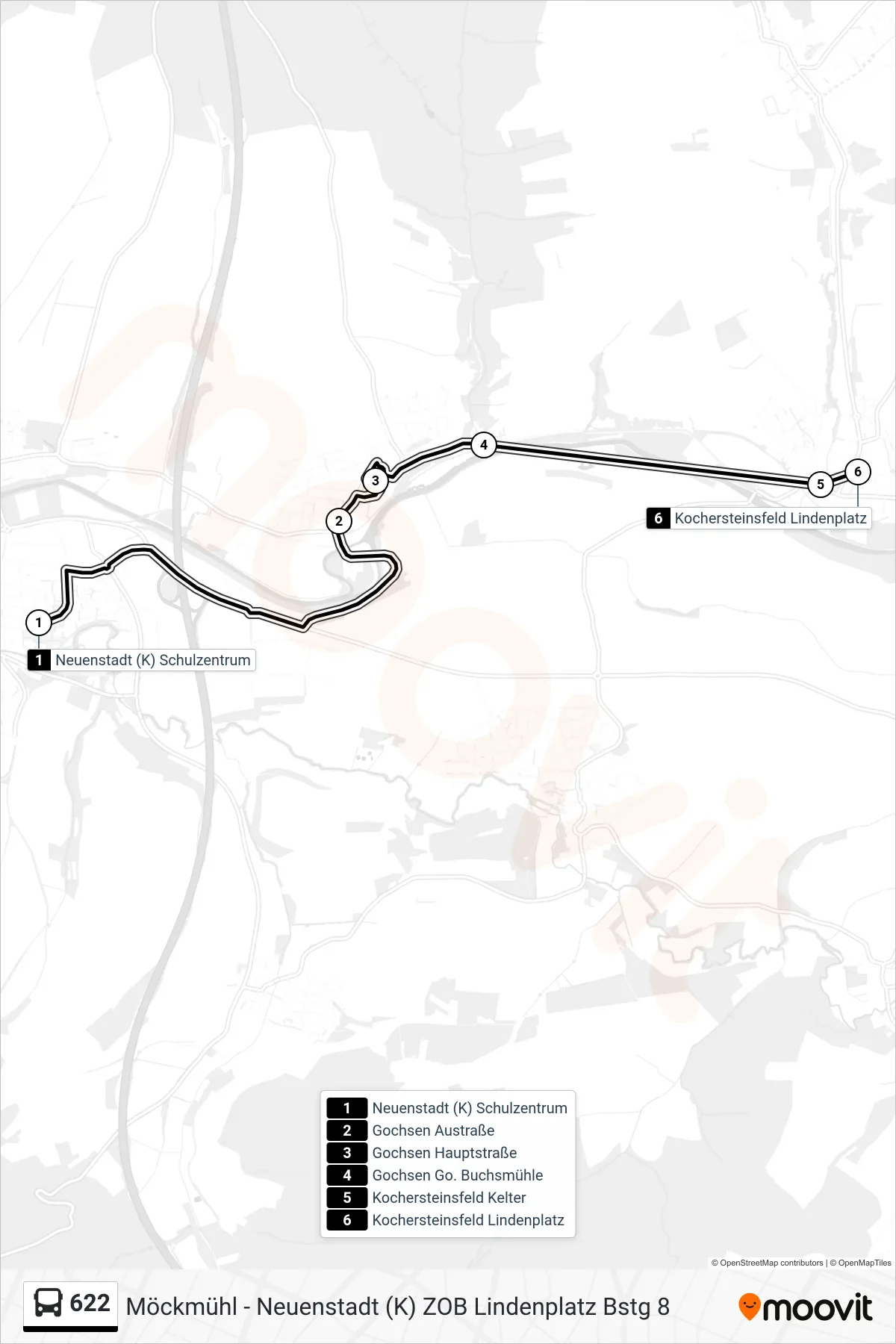 622 bus Line (Kochersteinsfeld Lindenplatz) route and stops on a map