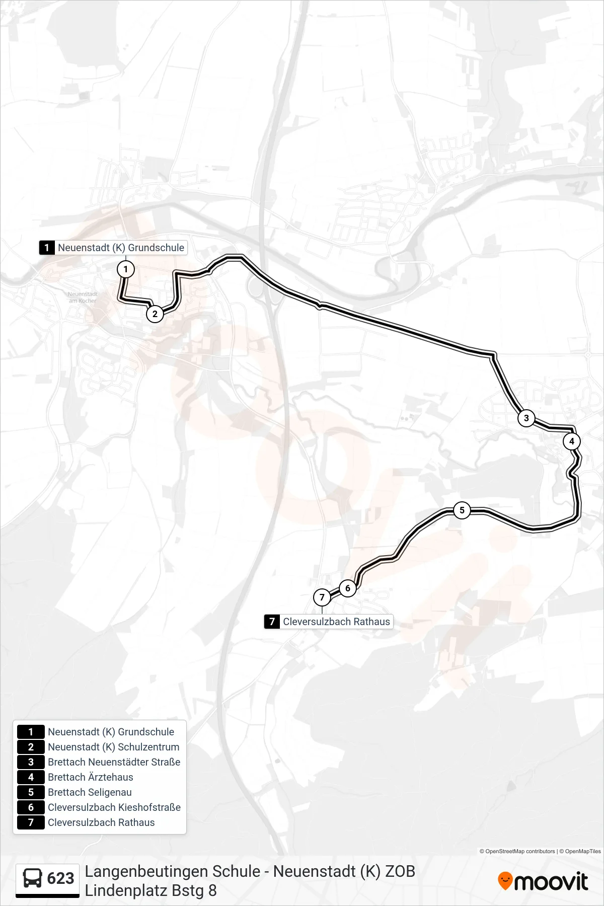 623 bus Line (Cleversulzbach Rathaus) route and stops on a map