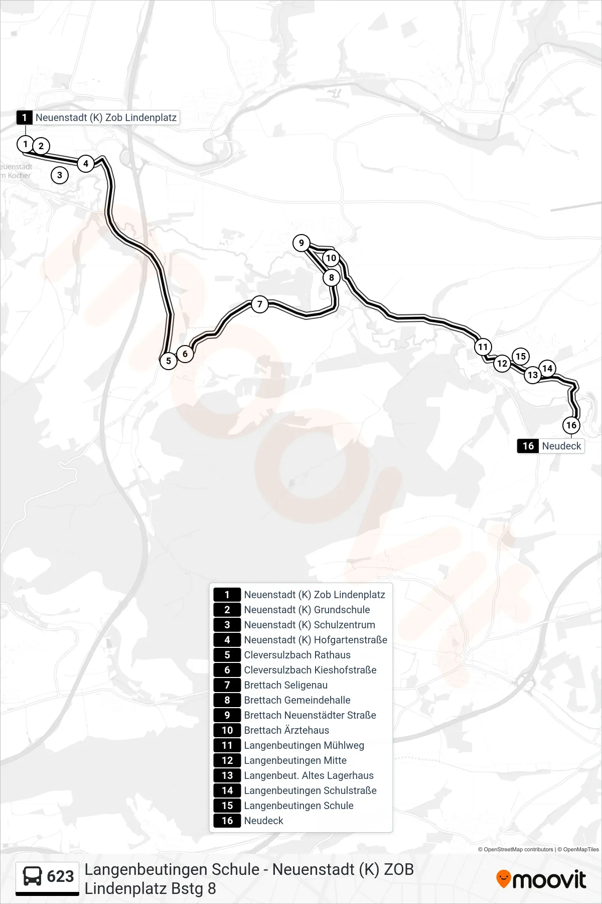 623 bus Line (Neudeck) route and stops on a map