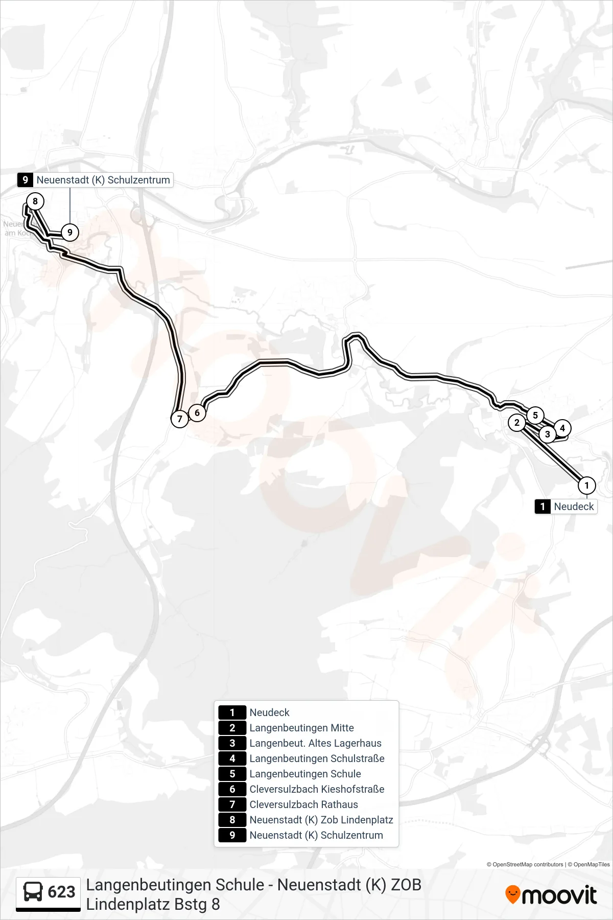 623 bus Line (Neuenstadt (K) Schulzentrum) route and stops on a map