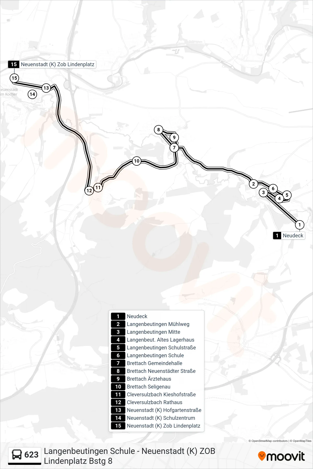 623 bus Line (Neuenstadt (K) Zob Lindenplatz) route and stops on a map