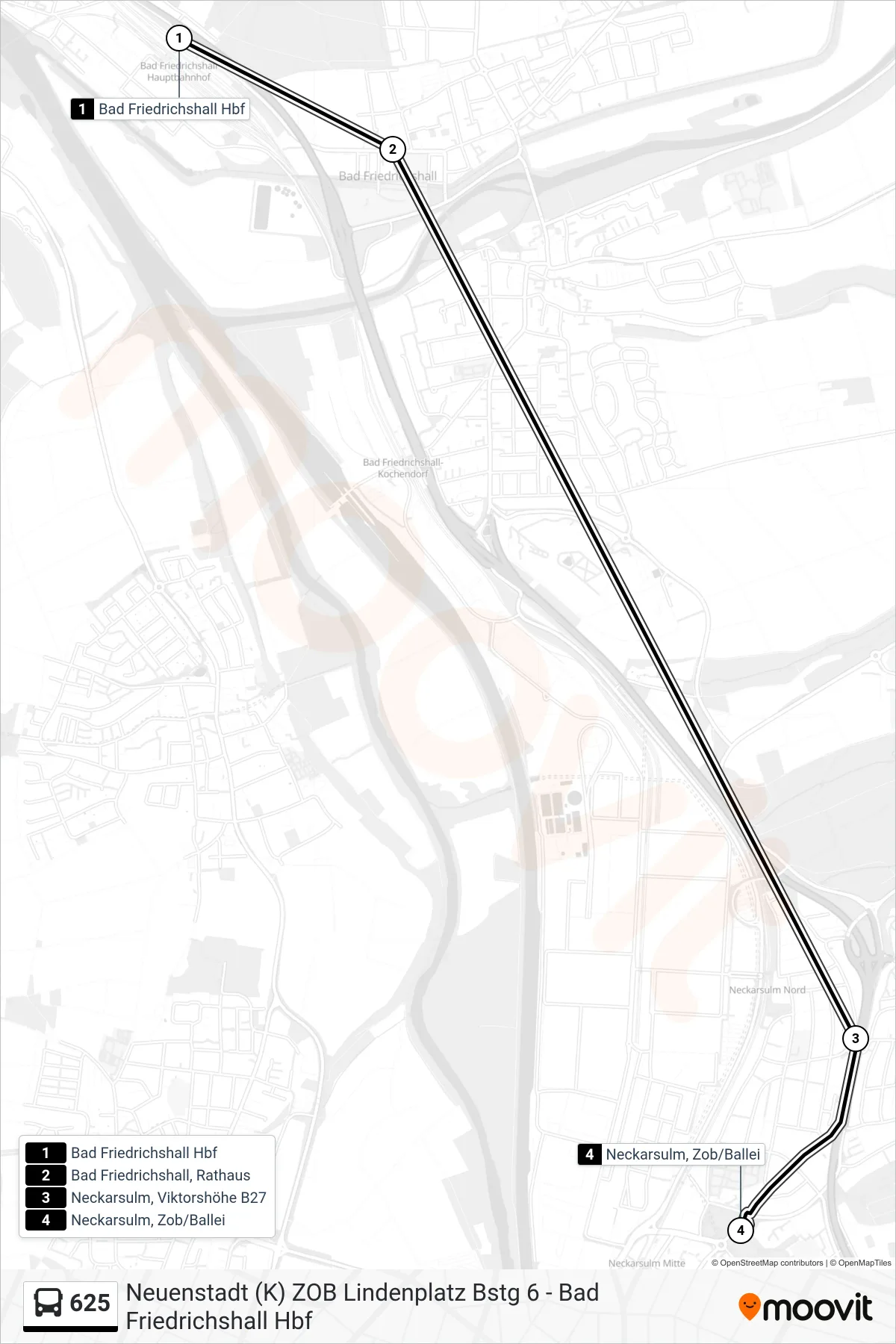 625 bus Line (Neckarsulm, Zob/Ballei) route and stops on a map