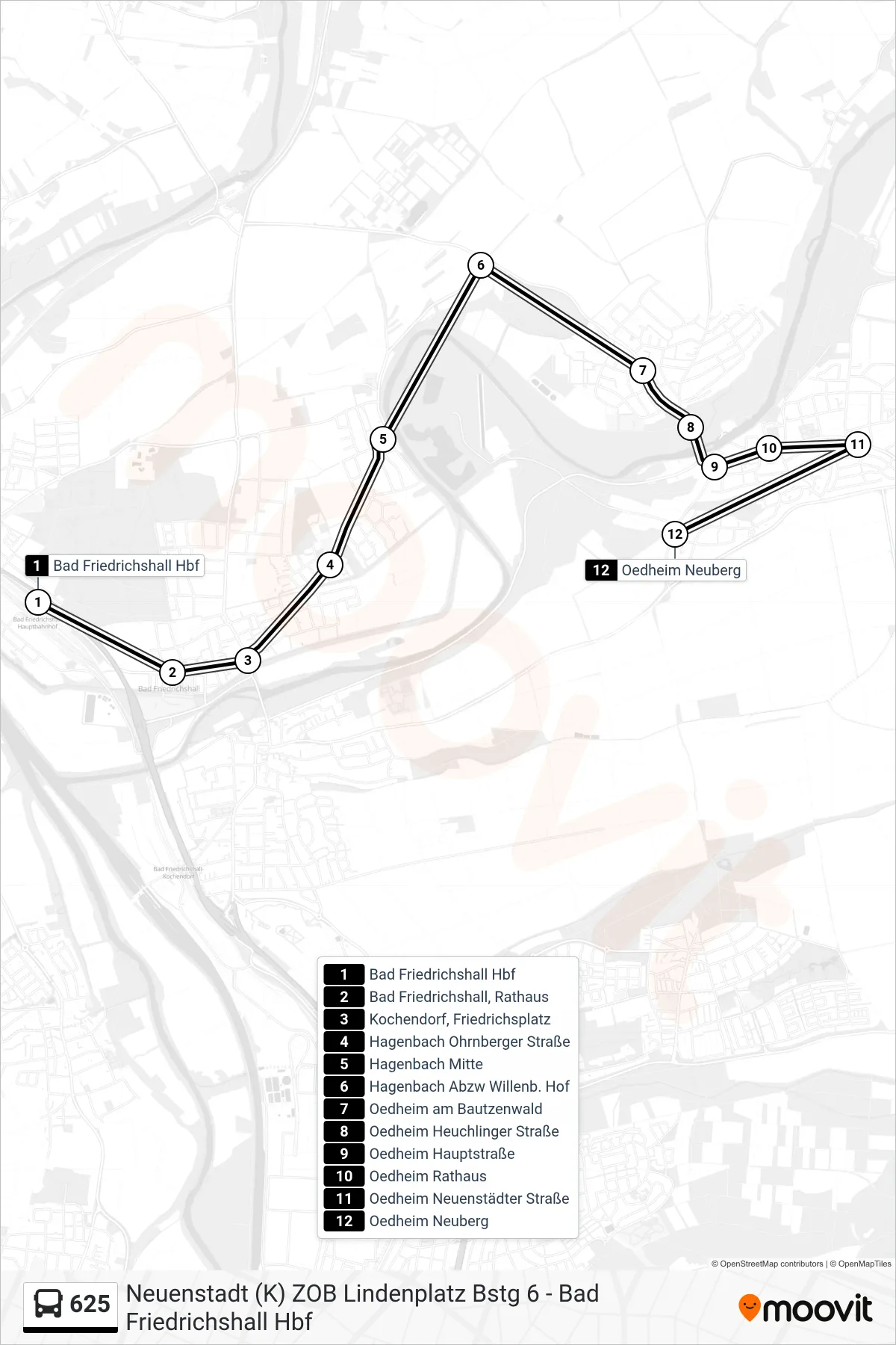 625 bus Line (Oedheim Neuberg) route and stops on a map