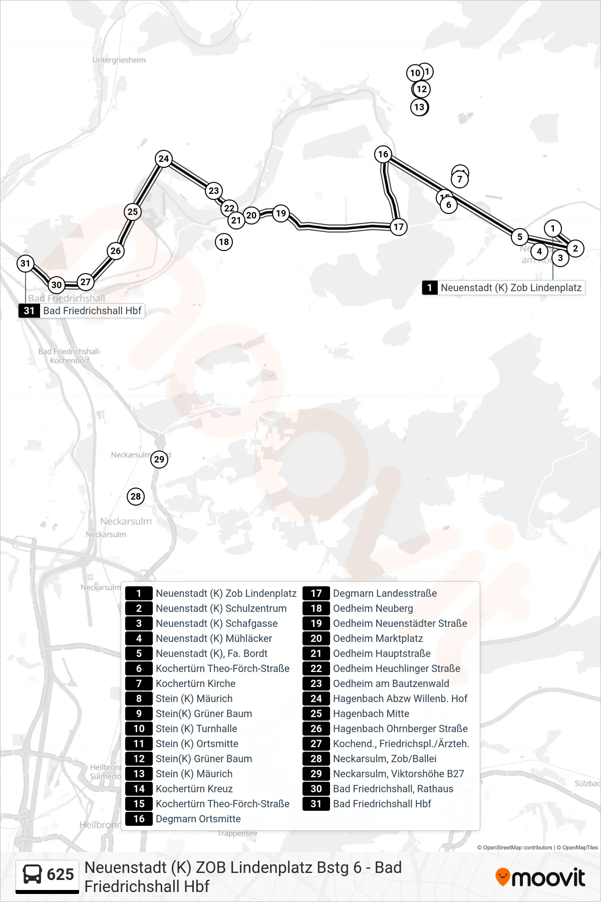 625 bus Line (Bad Friedrichshall Hbf) route and stops on a map