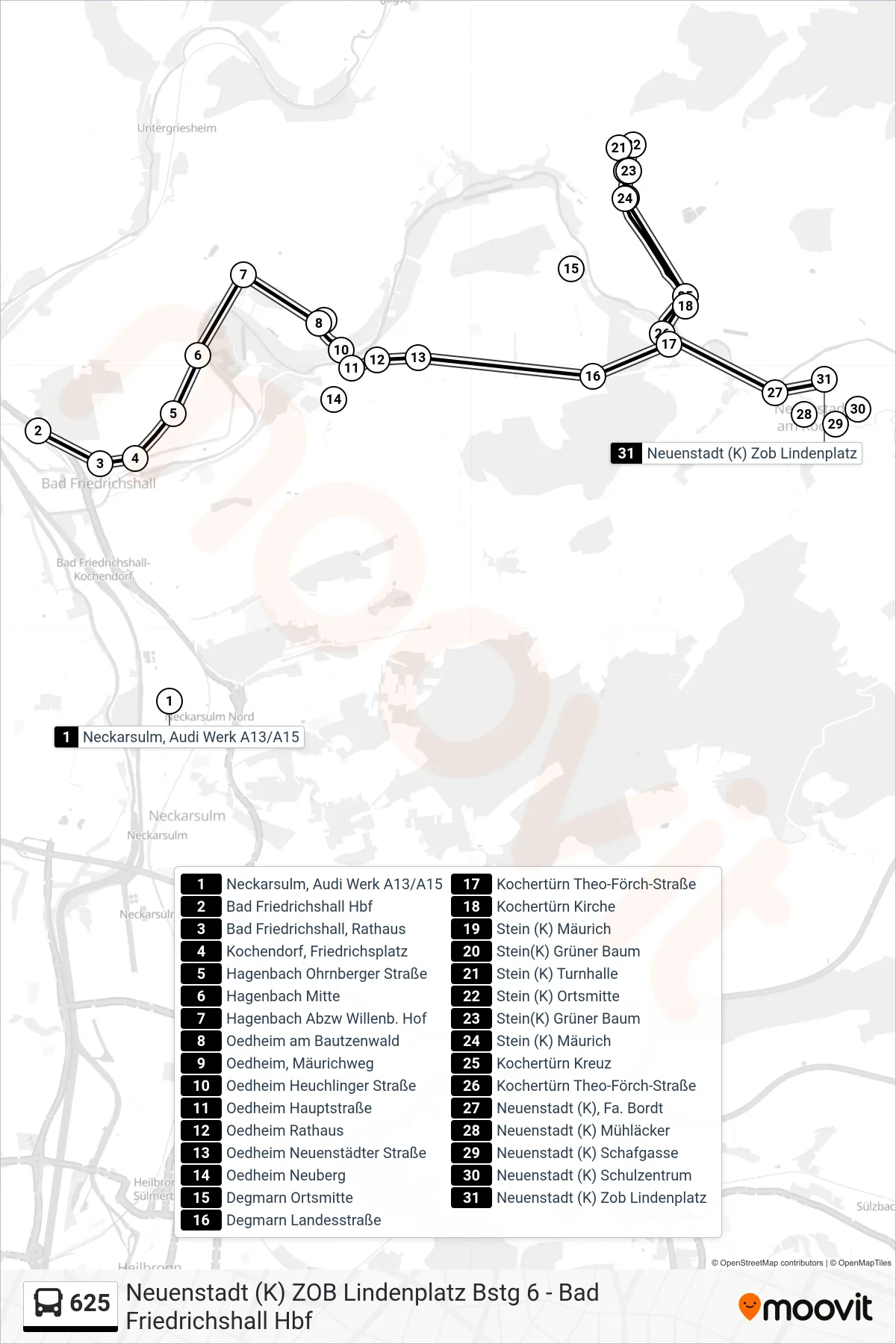 625 bus Line (Neuenstadt (K) Zob Lindenplatz) route and stops on a map