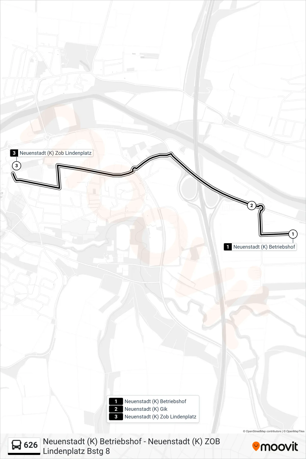 Linie 626 (Bus) Richtung Neuenstadt (K) Zob Lindenplatz: Route und Haltestellen auf der Karte