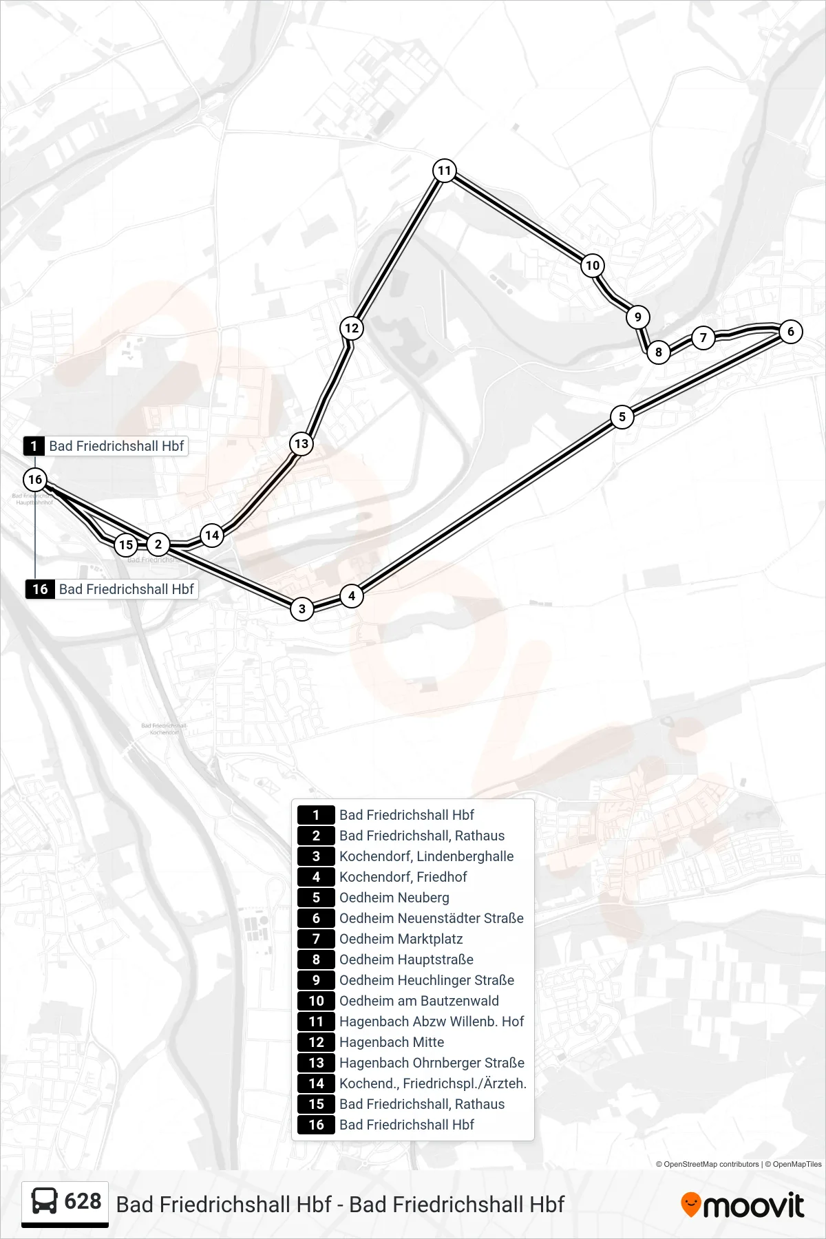 628 bus Line (Bad Friedrichshall Hbf) route and stops on a map