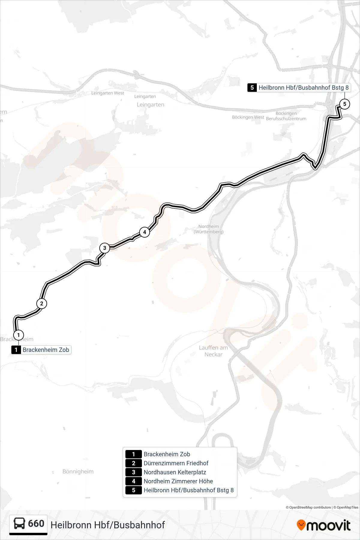 660 bus Line (Heilbronn Hbf/Busbahnhof) route and stops on a map