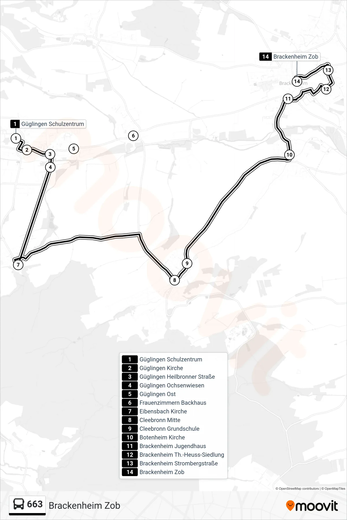 663 bus Line (Brackenheim Zob) route and stops on a map
