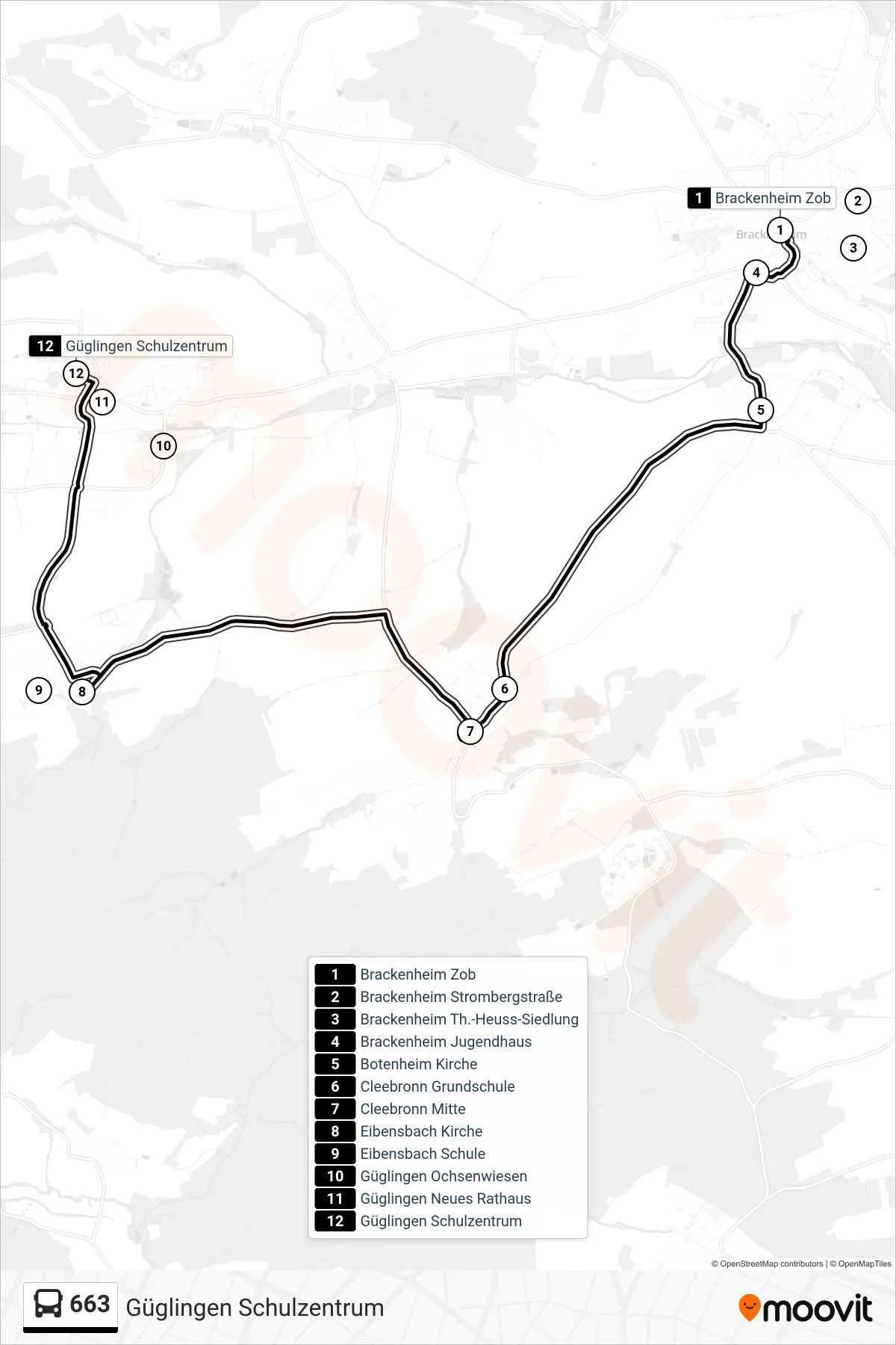663 bus Line (Güglingen Schulzentrum) route and stops on a map