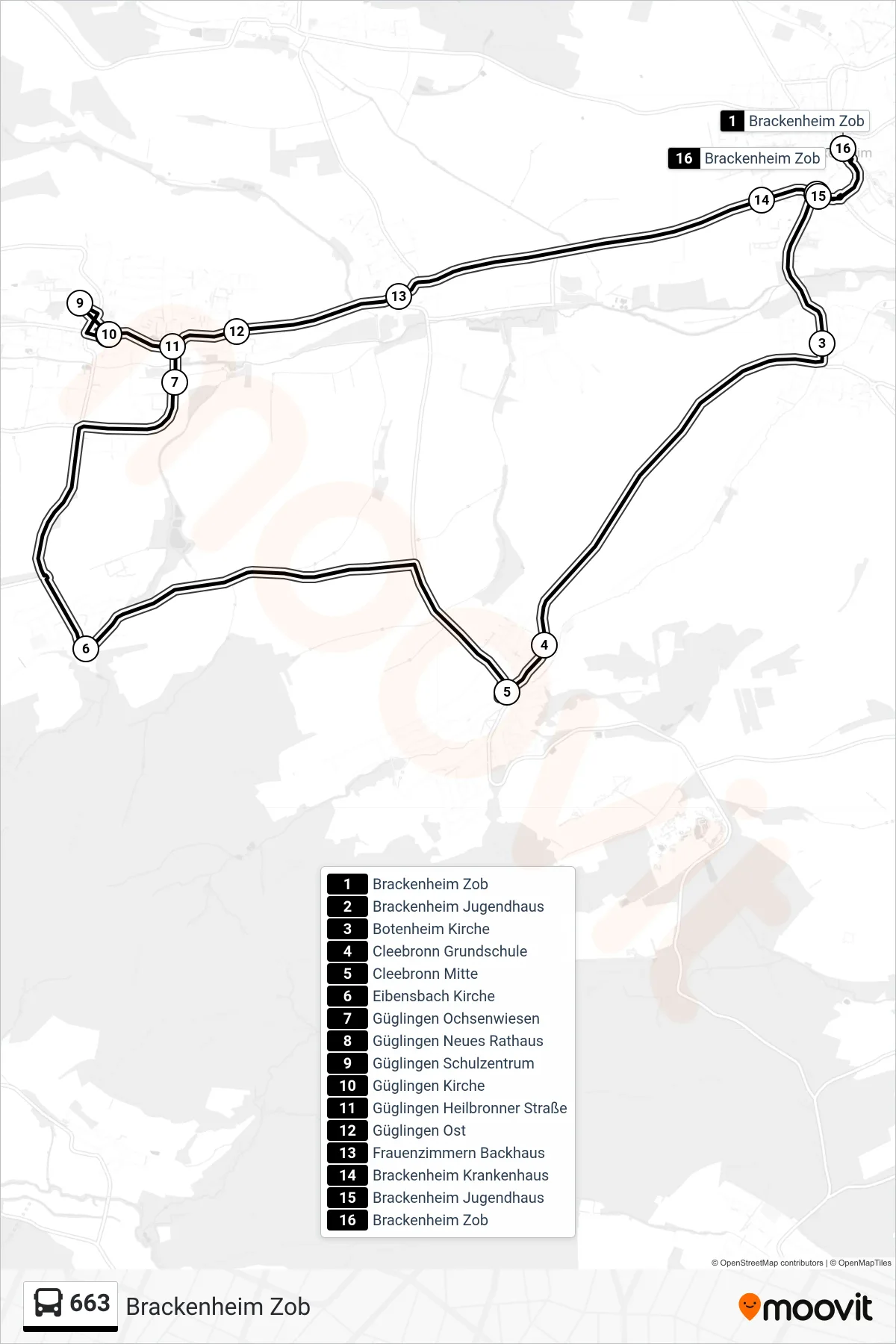 663 bus Line (Brackenheim Zob) route and stops on a map