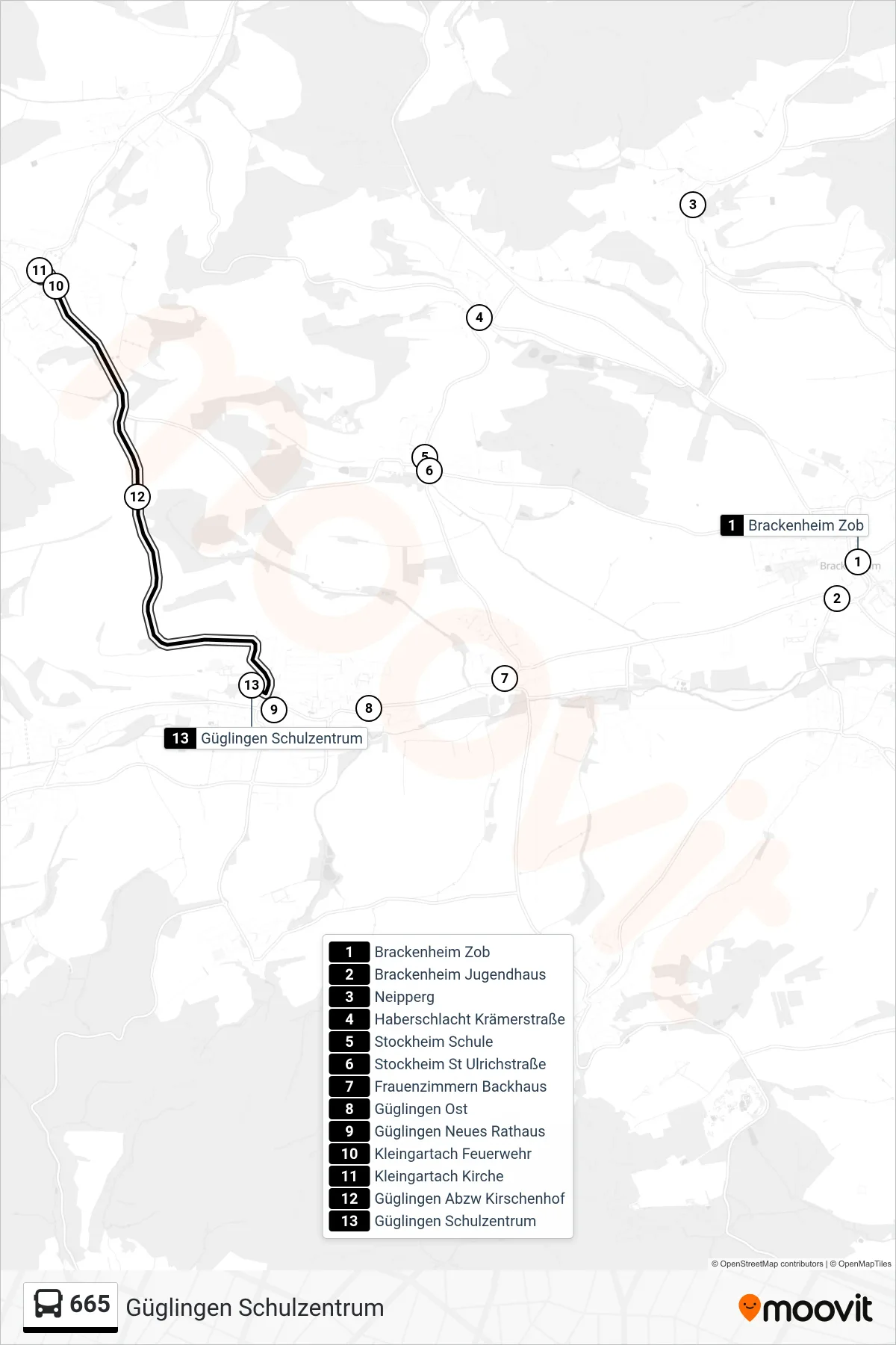 Linie 665 (Bus) Richtung Güglingen Schulzentrum: Route und Haltestellen auf der Karte