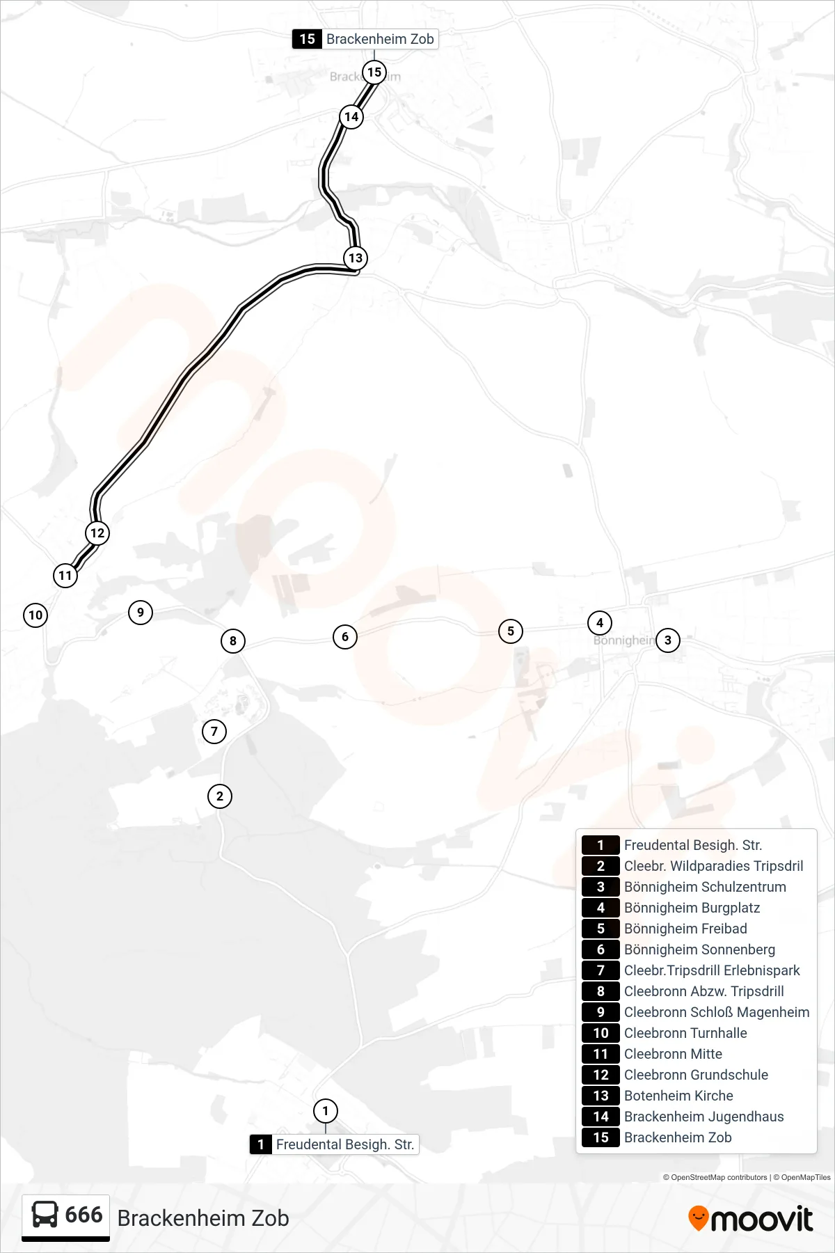 666 bus Line (Brackenheim Zob) route and stops on a map