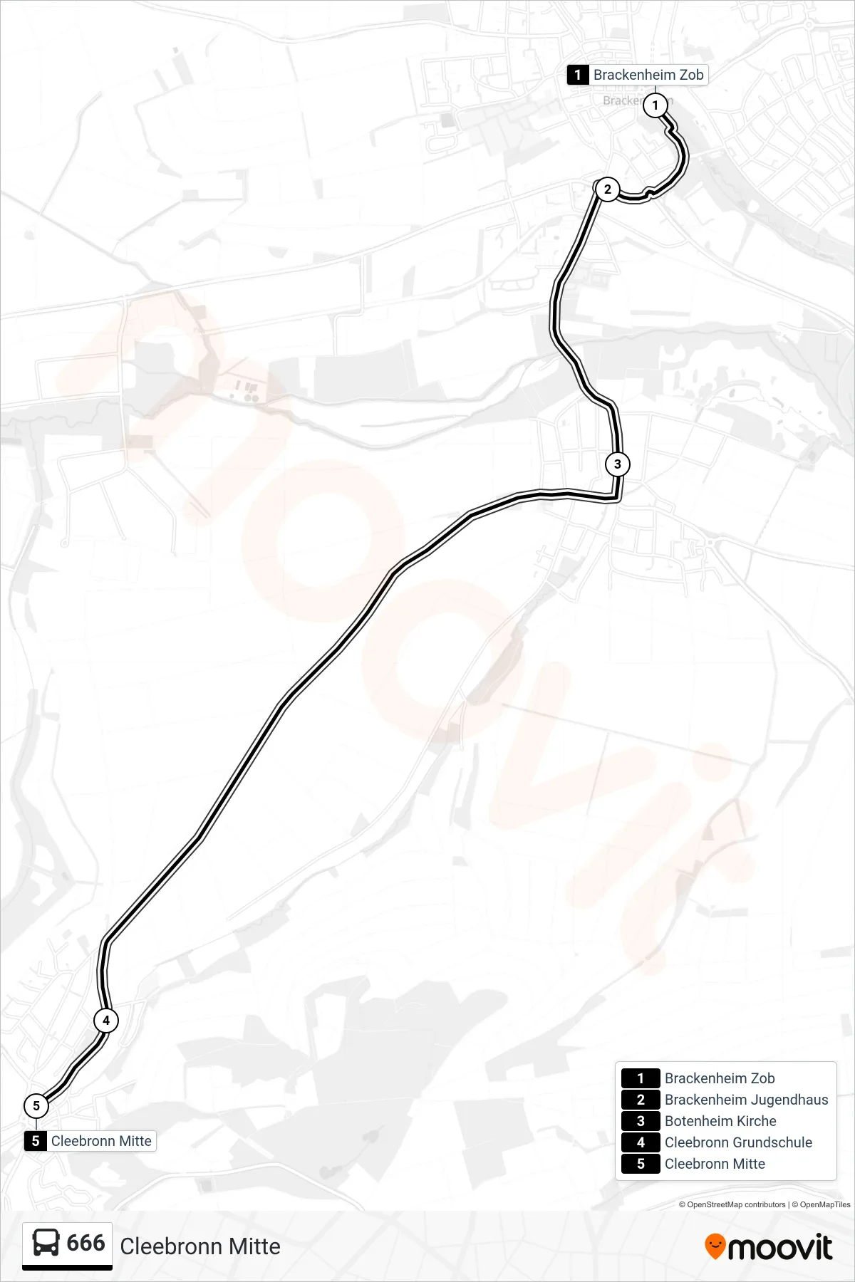 666 bus Line (Cleebronn Mitte) route and stops on a map