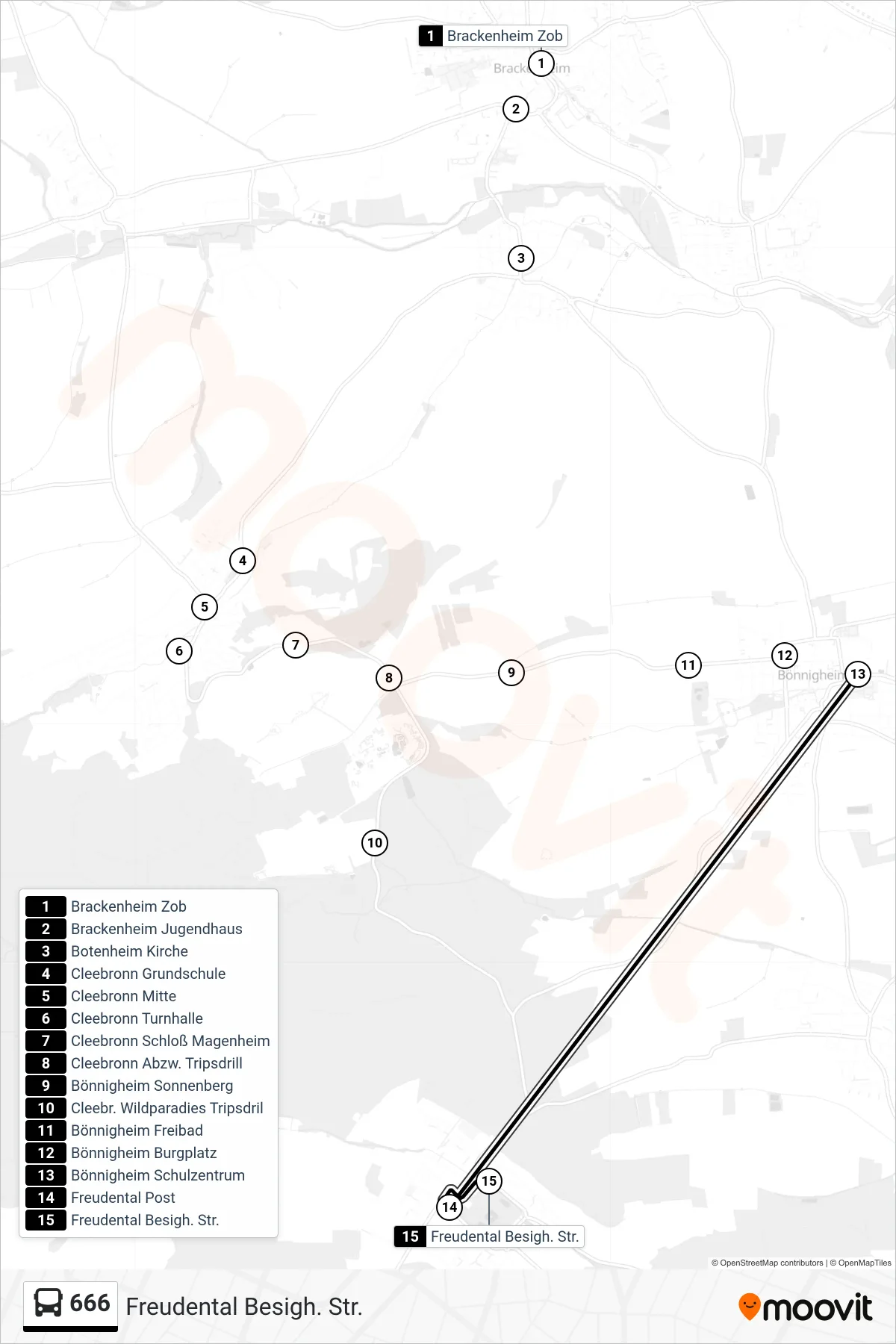 666 bus Line (Freudental Besigh. Str.) route and stops on a map