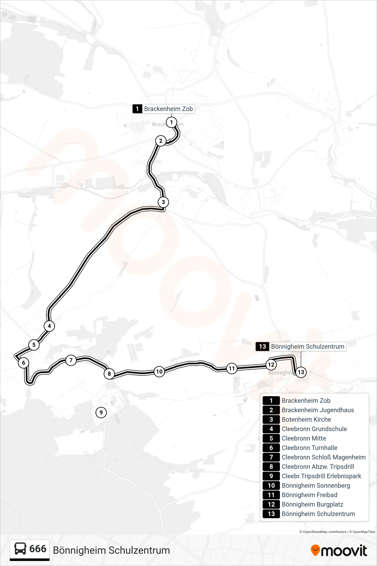 666 bus Line (Bönnigheim Schulzentrum) route and stops on a map