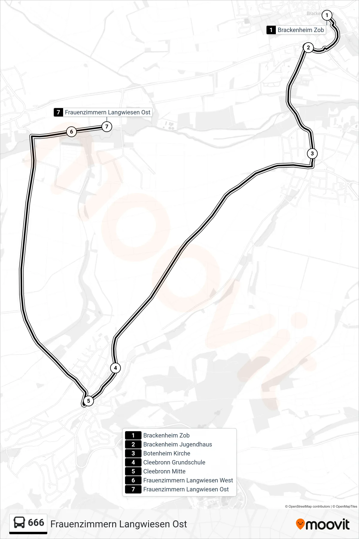 666 bus Line (Frauenzimmern Langwiesen Ost) route and stops on a map