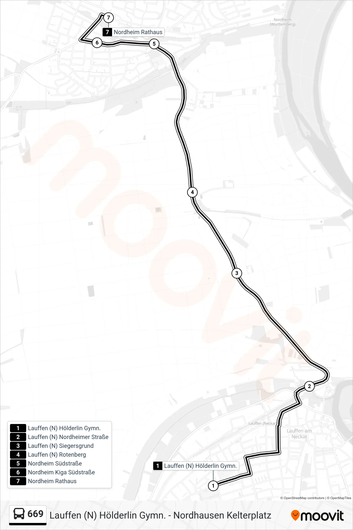 669 bus Line (Nordheim Rathaus) route and stops on a map