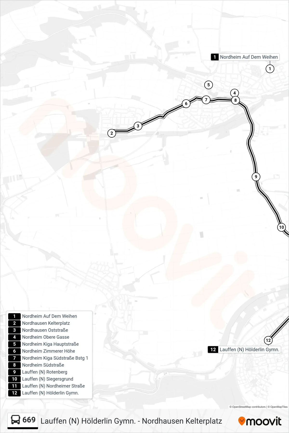 669 bus Line (Lauffen (N) Hölderlin Gymn.) route and stops on a map