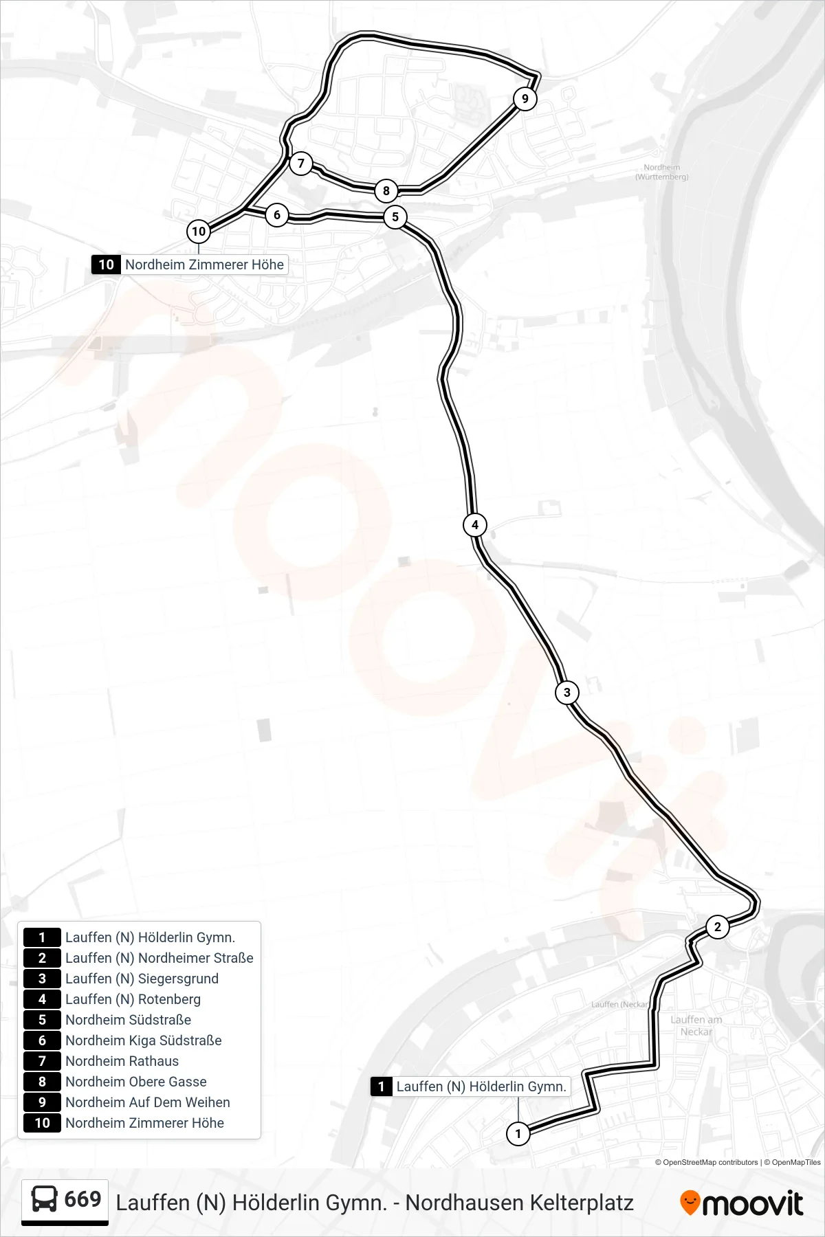 669 bus Line (Nordheim Zimmerer Höhe) route and stops on a map