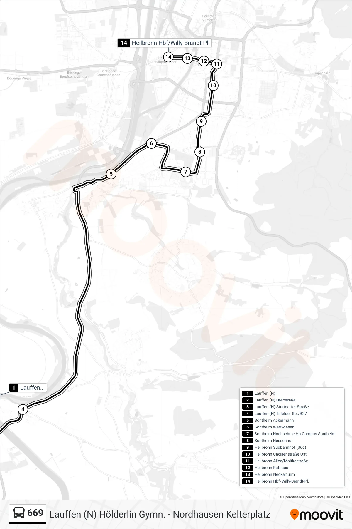 669 bus Line (Heilbronn Hbf/Willy-Brandt-Pl.) route and stops on a map