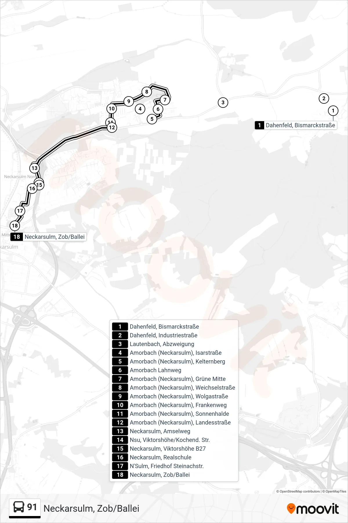 91 bus Line (Neckarsulm, Zob/Ballei) route and stops on a map