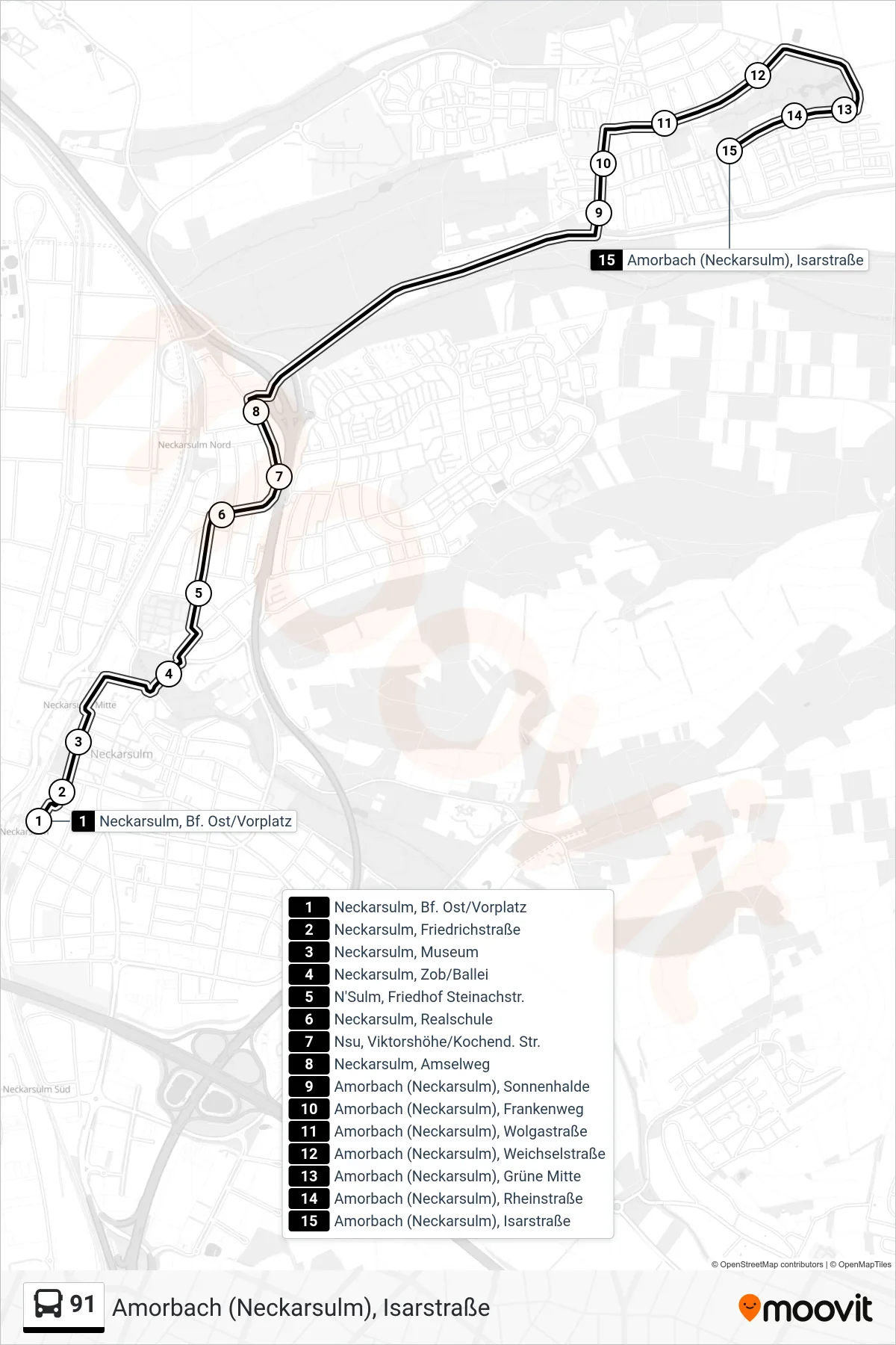 91 bus Line (Amorbach (Neckarsulm), Isarstraße) route and stops on a map