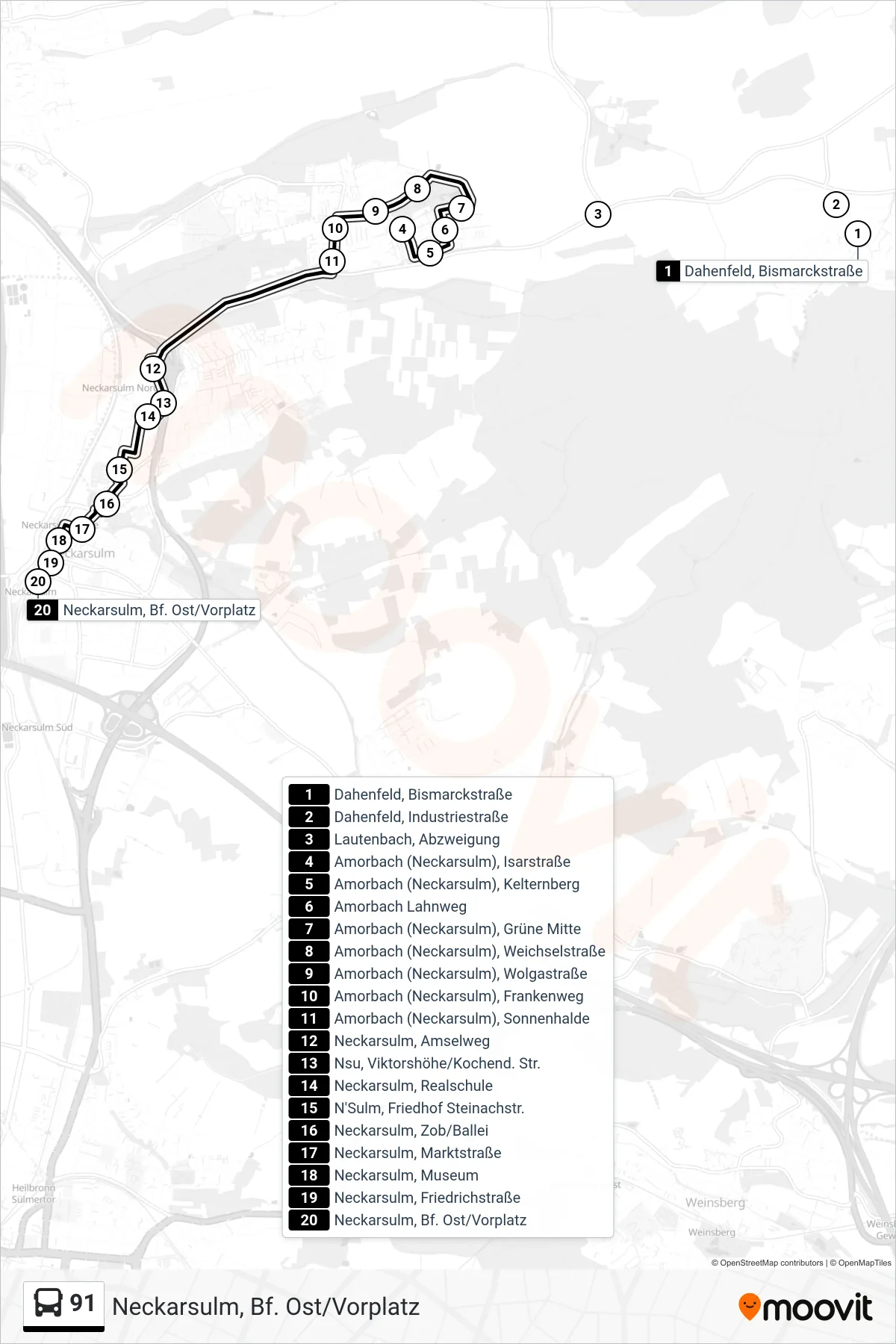 91 bus Line (Neckarsulm, Bf. Ost/Vorplatz) route and stops on a map