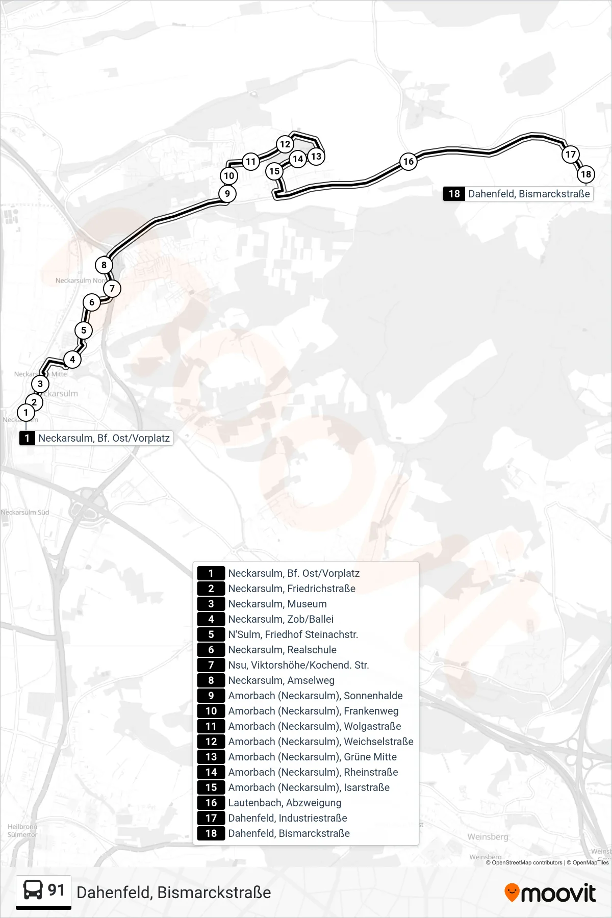Linie 91 (Bus) Richtung Dahenfeld, Bismarckstraße: Route und Haltestellen auf der Karte