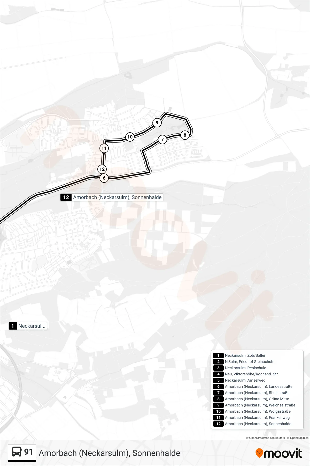 91 bus Line (Amorbach (Neckarsulm), Sonnenhalde) route and stops on a map