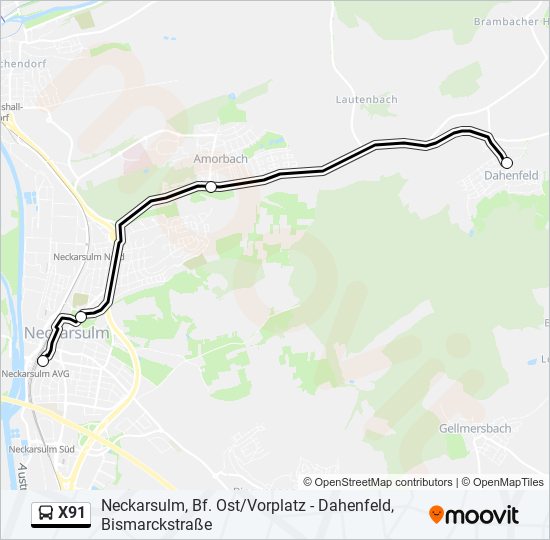 Автобус X91: карта маршрута