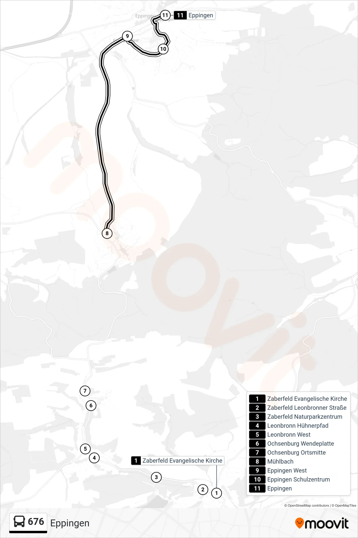 676 bus Line (Eppingen) route and stops on a map