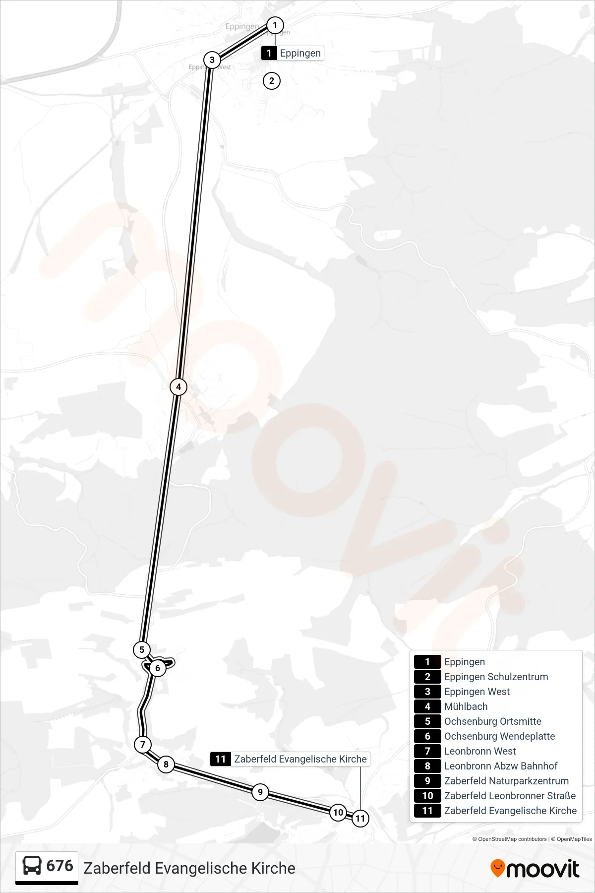 676 bus Line (Zaberfeld Evangelische Kirche) route and stops on a map