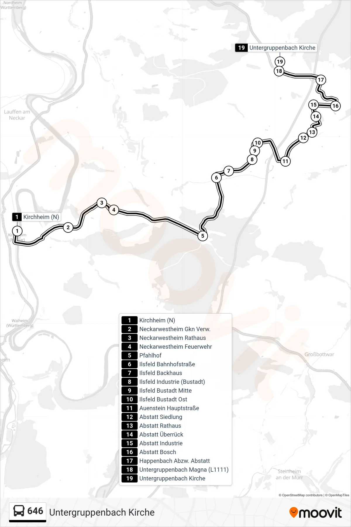 Linie 646 (Bus) Richtung Untergruppenbach Kirche: Route und Haltestellen auf der Karte