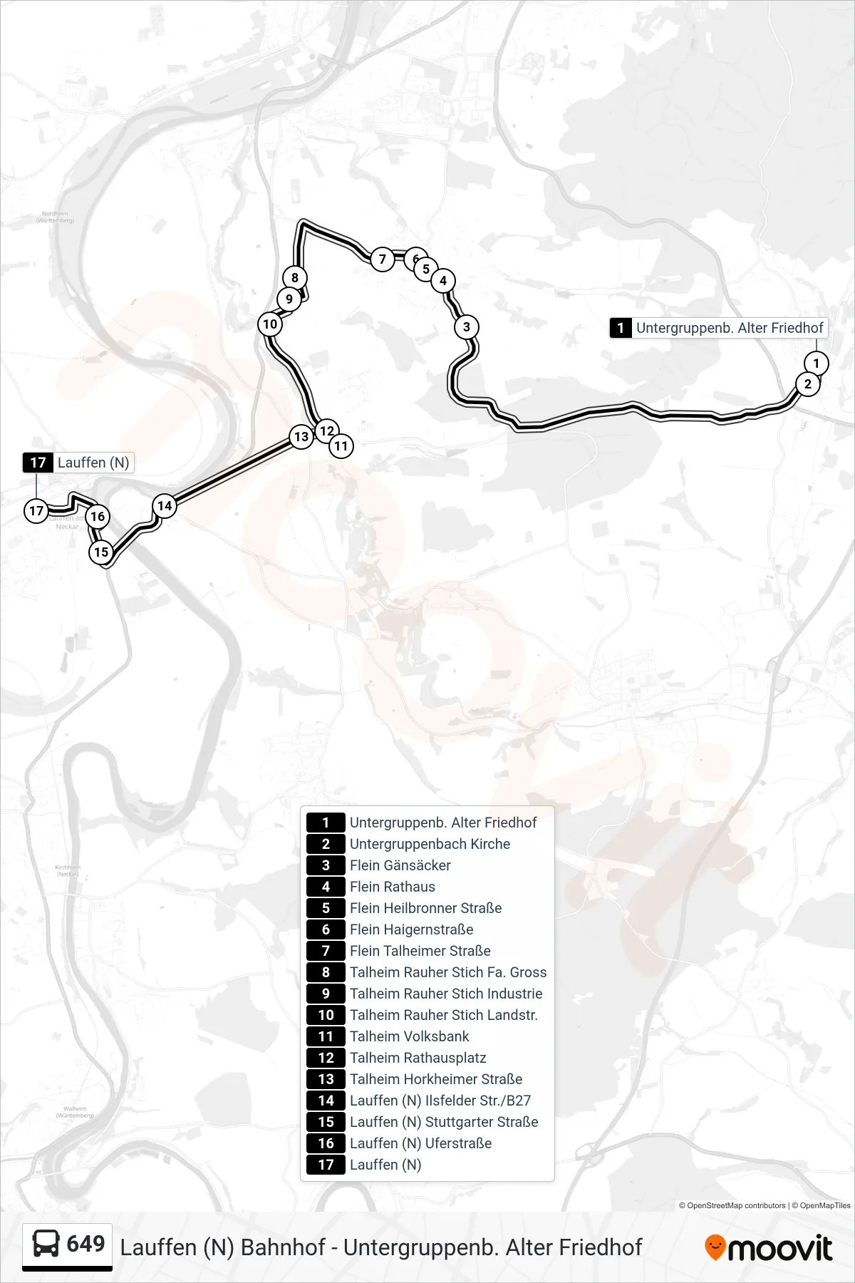 649 bus Line (Lauffen (N)) route and stops on a map