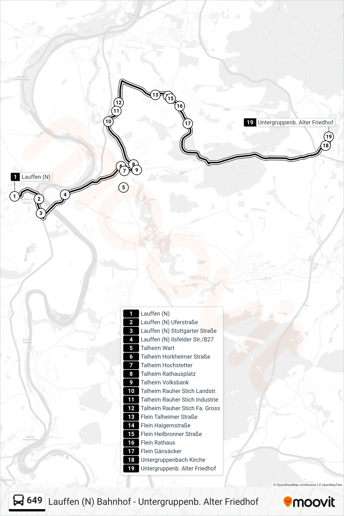 649 bus Line (Untergruppenb. Alter Friedhof) route and stops on a map