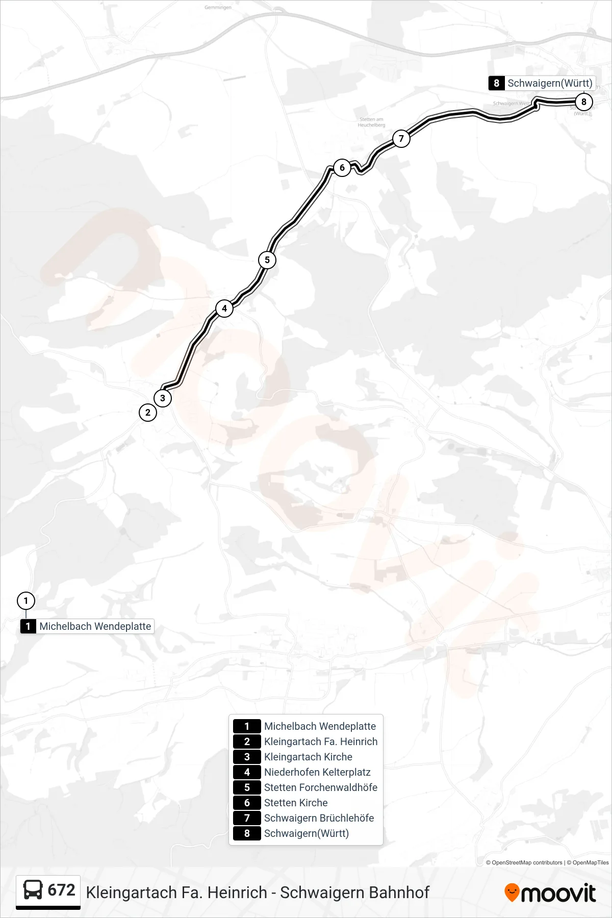 672 bus Line (Schwaigern(Württ)) route and stops on a map