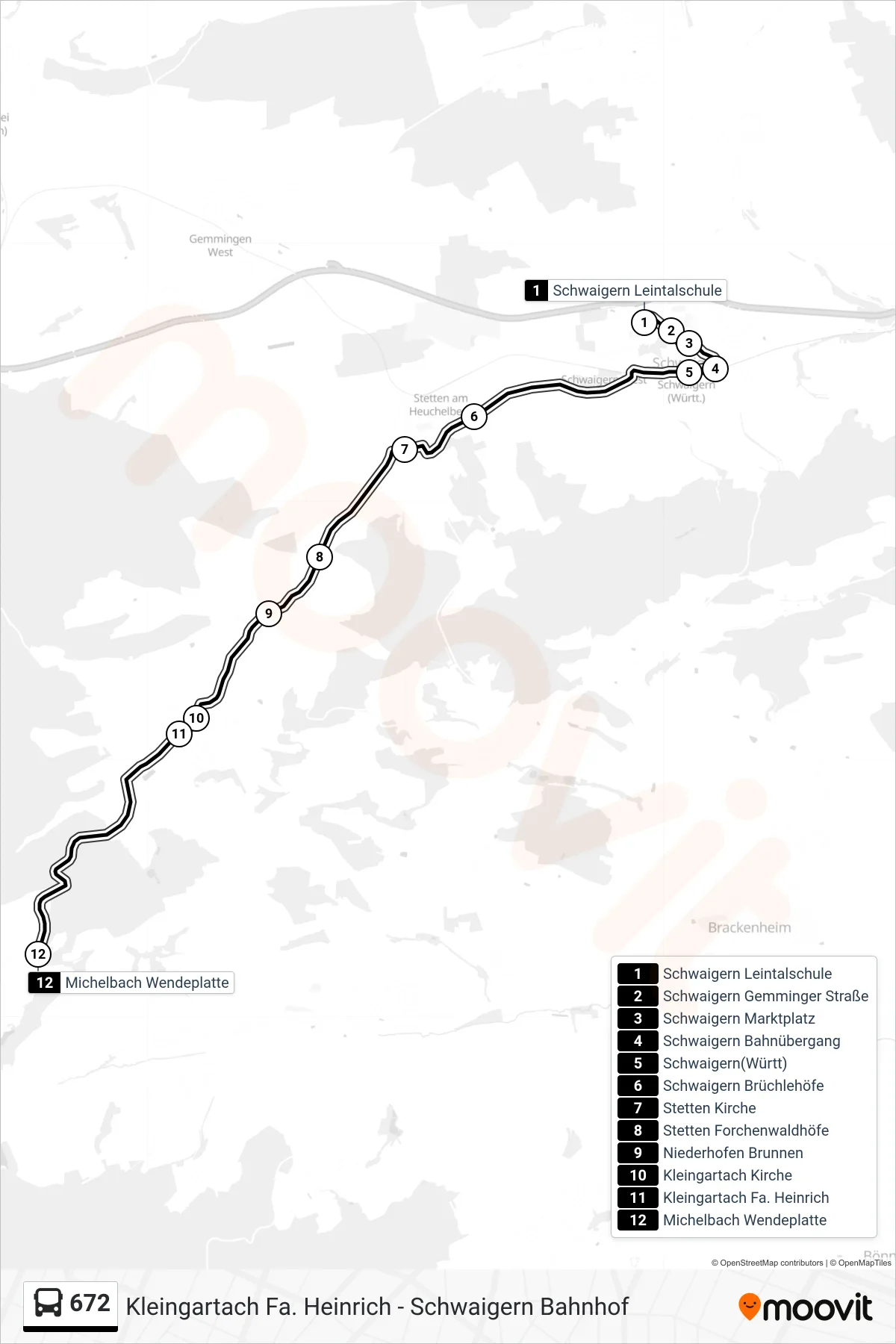 672 bus Line (Michelbach Wendeplatte) route and stops on a map