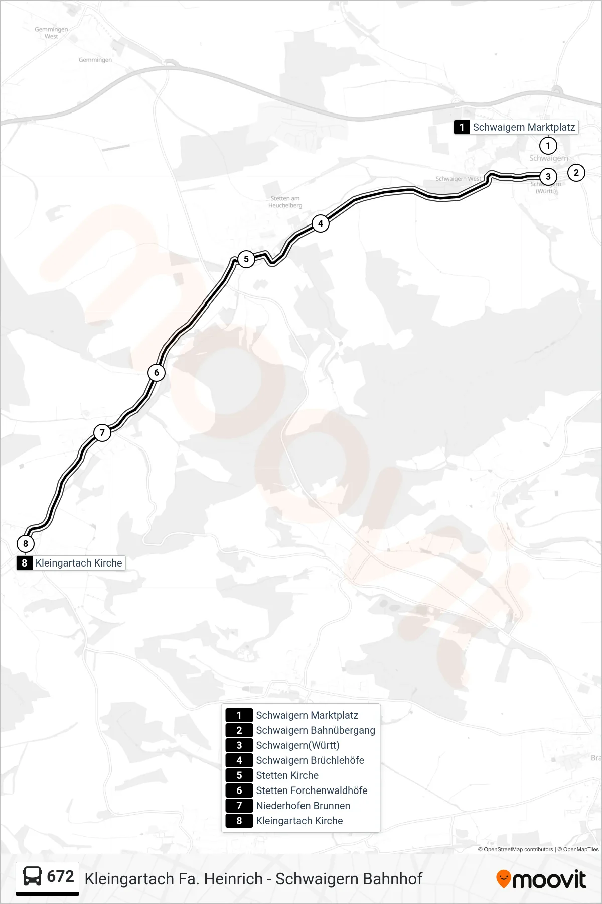 672 bus Line (Kleingartach Kirche) route and stops on a map