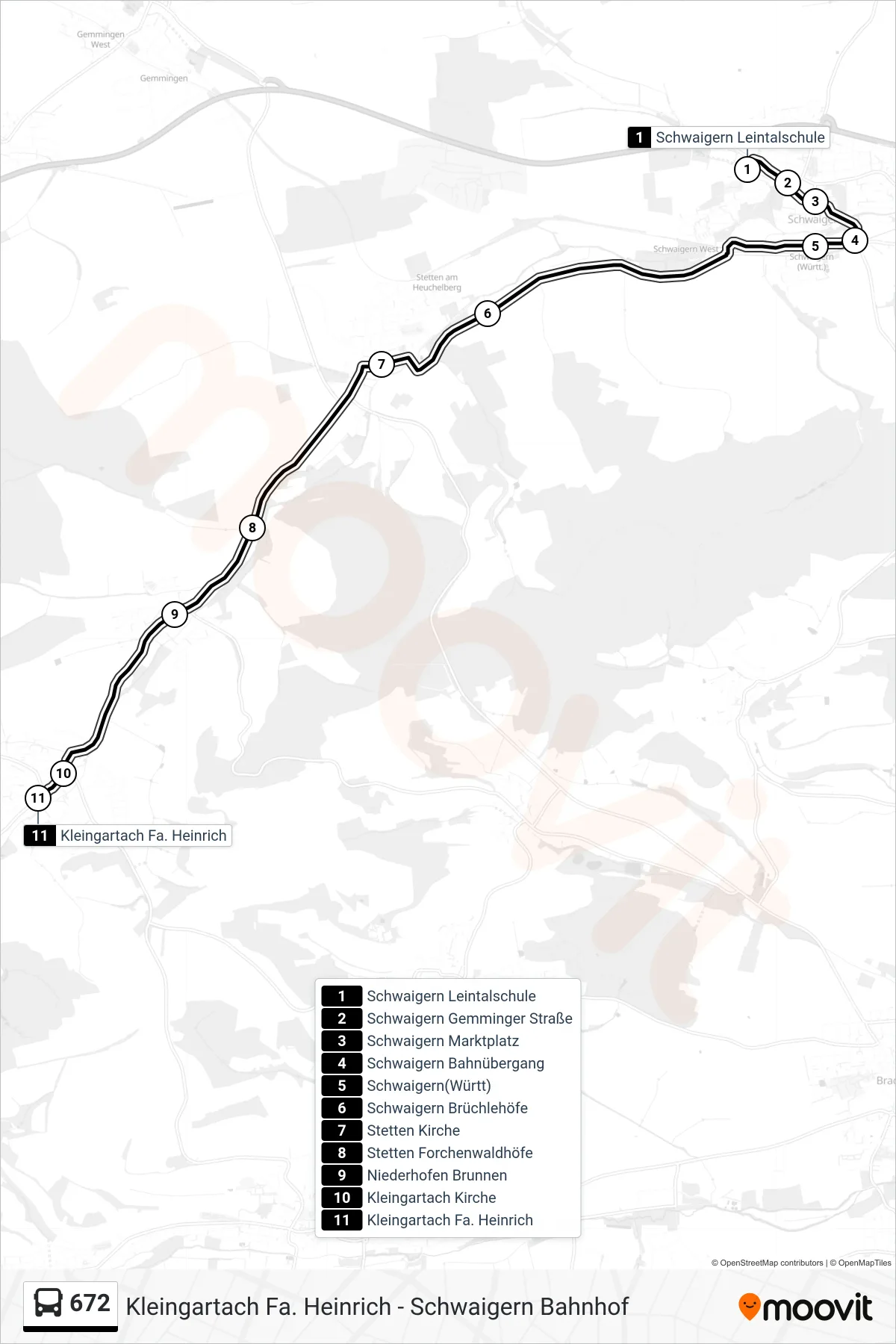 672 bus Line (Kleingartach Fa. Heinrich) route and stops on a map