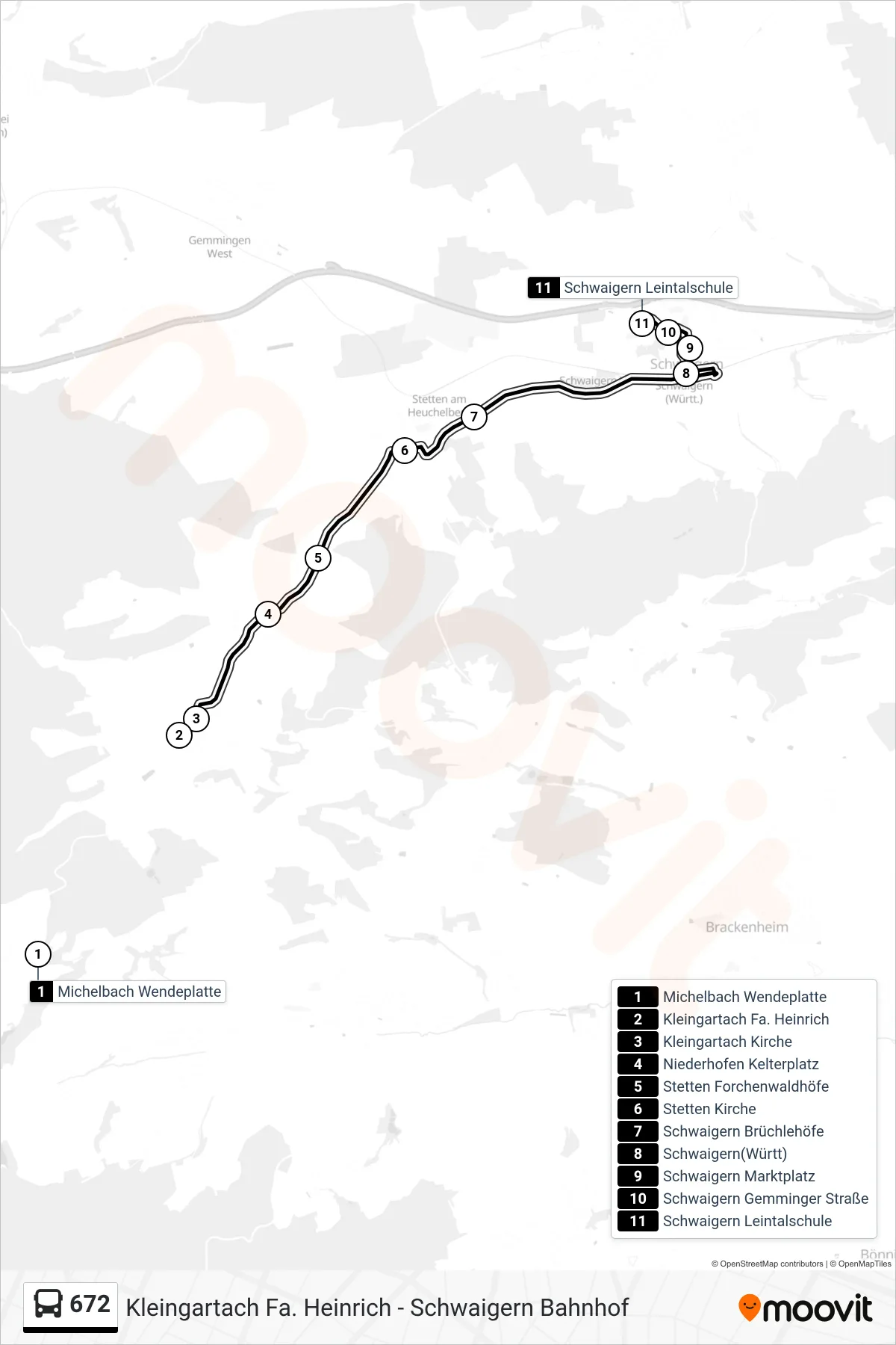 672 bus Line (Schwaigern Leintalschule) route and stops on a map