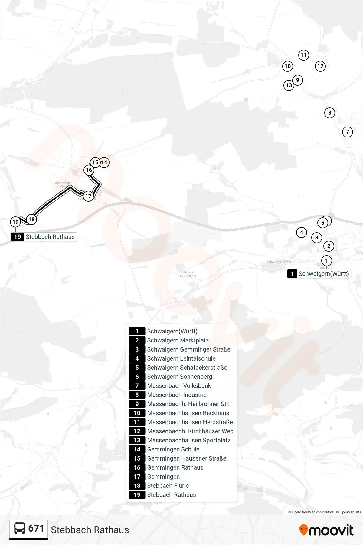 671 bus Line (Stebbach Rathaus) route and stops on a map
