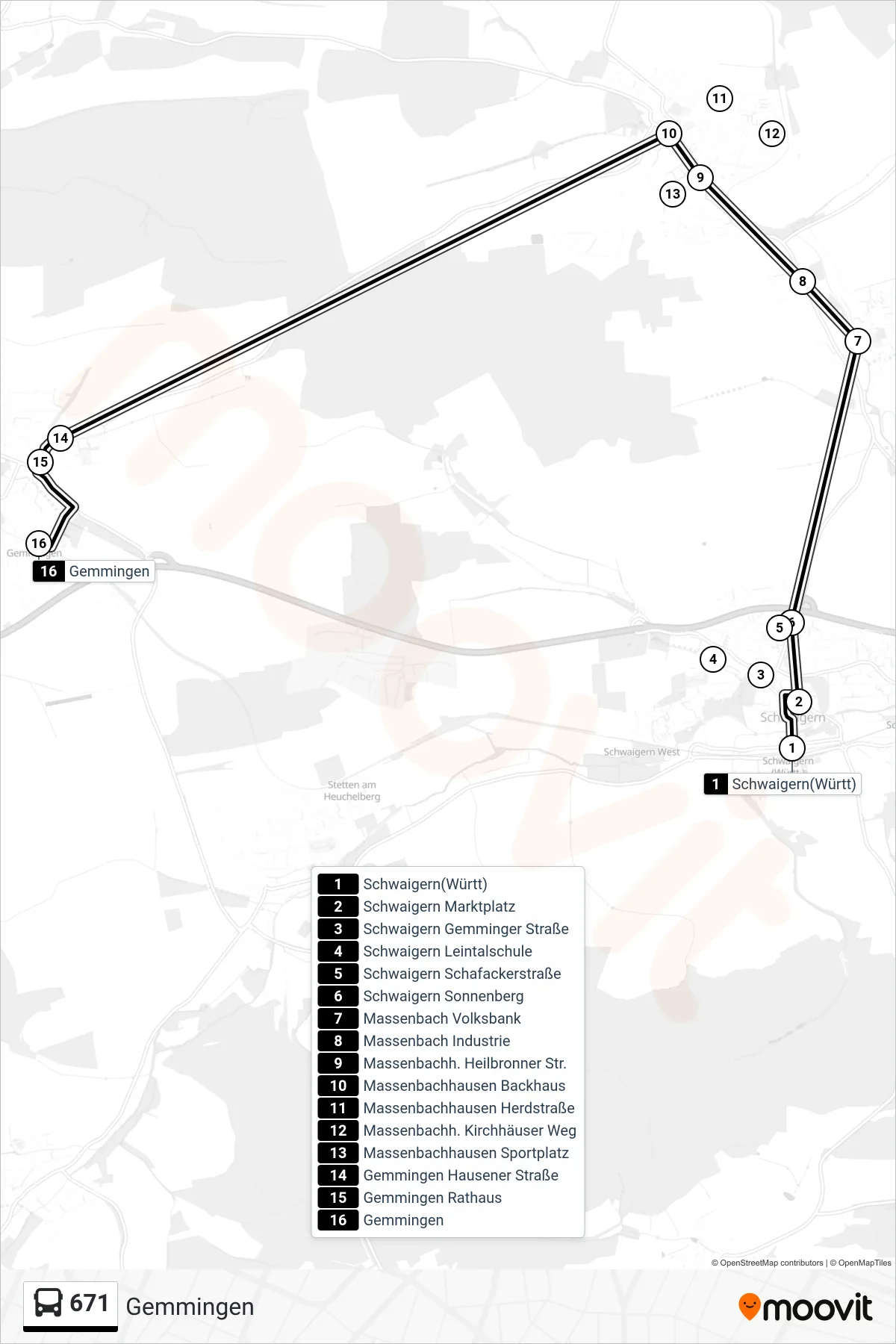671 bus Line (Gemmingen) route and stops on a map