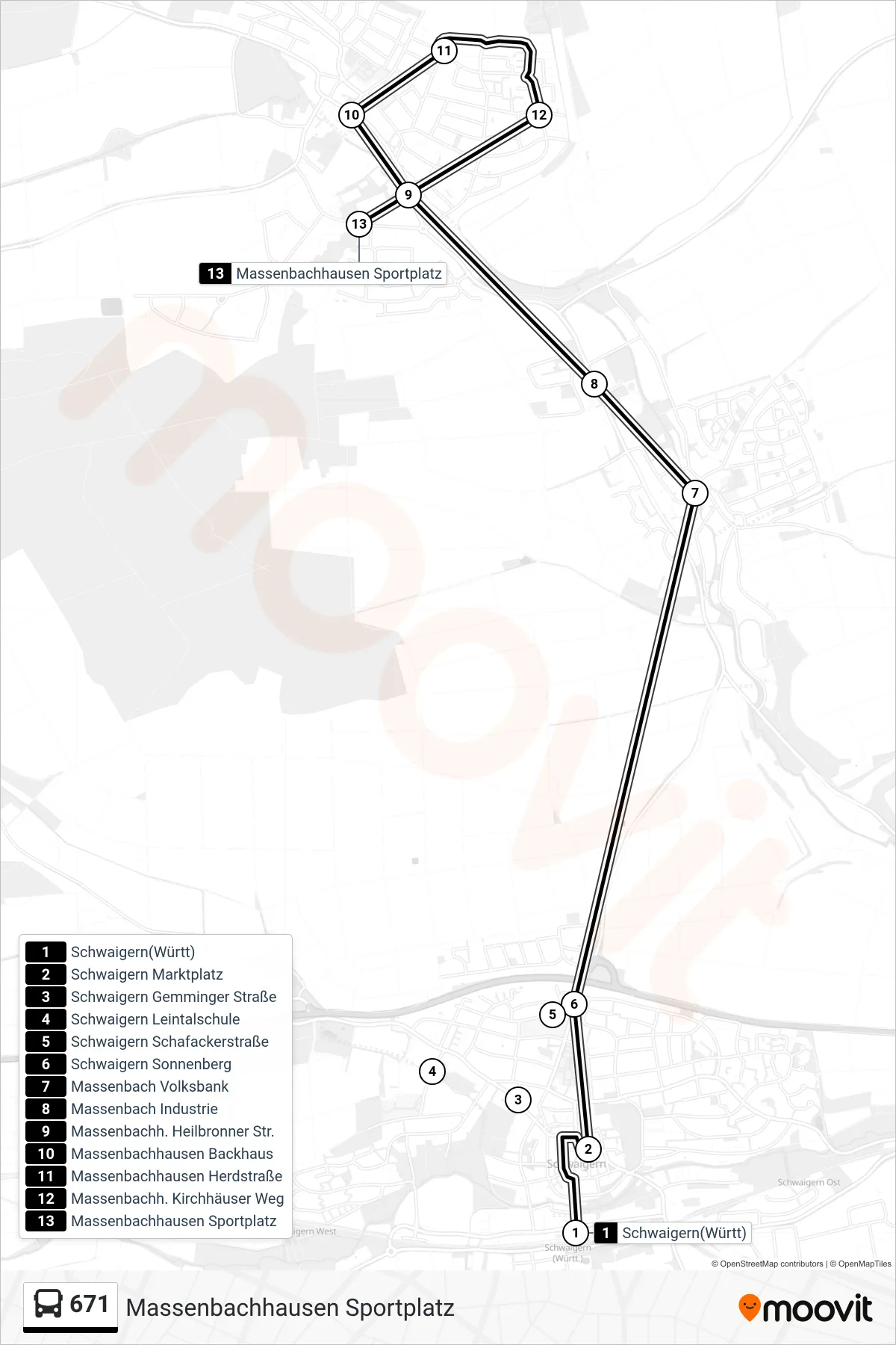 671 bus Line (Massenbachhausen Sportplatz) route and stops on a map